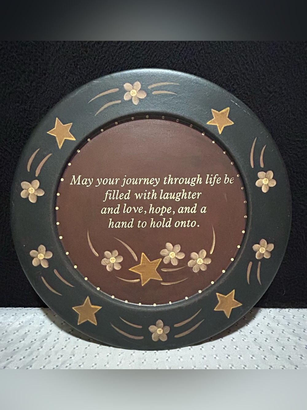 Joni Martin Primitive Folk Art Painted Wooden Plate Stars Flowers Journey Life
